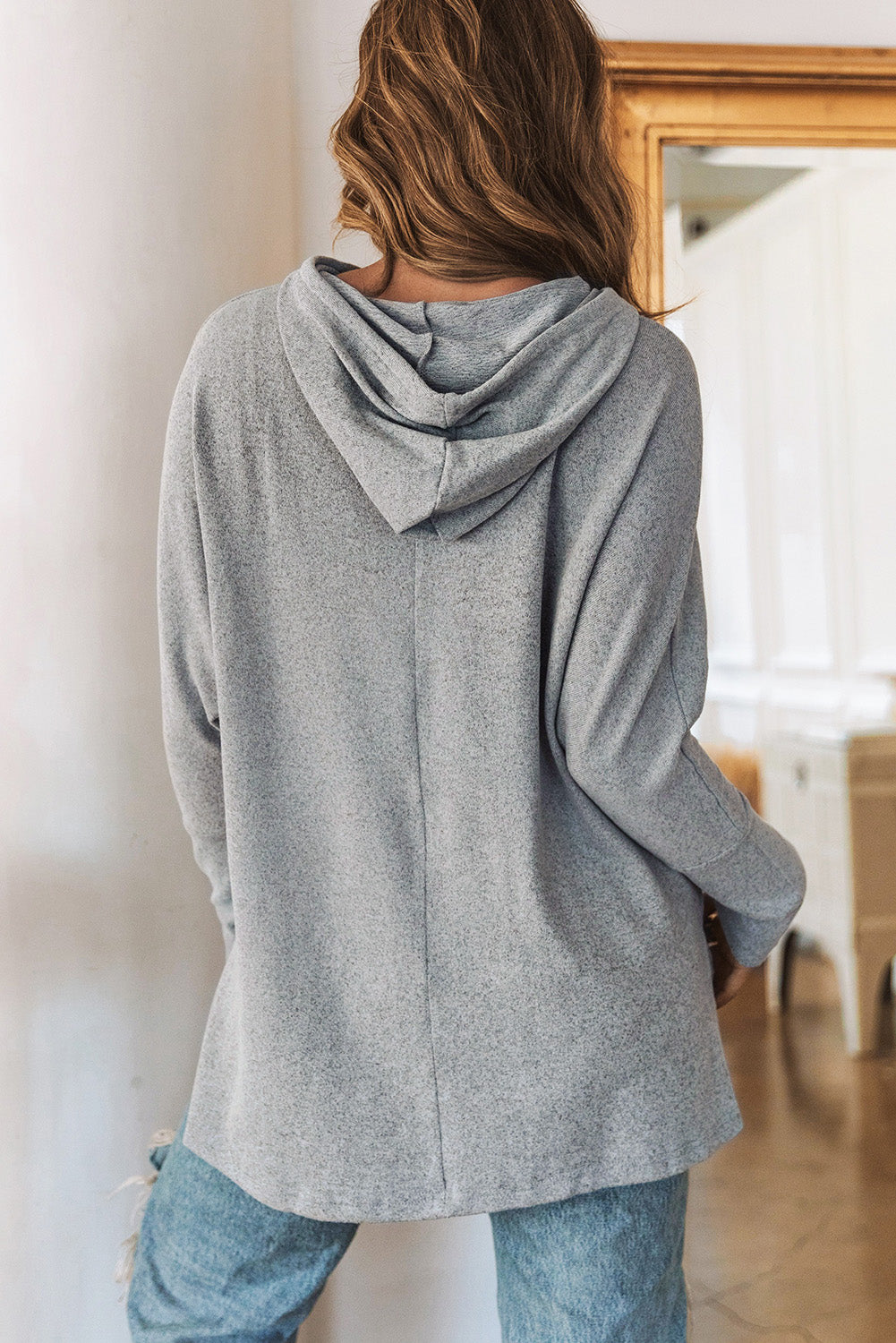 Grey Solid Color Casual Loose Drawstring Hoodie