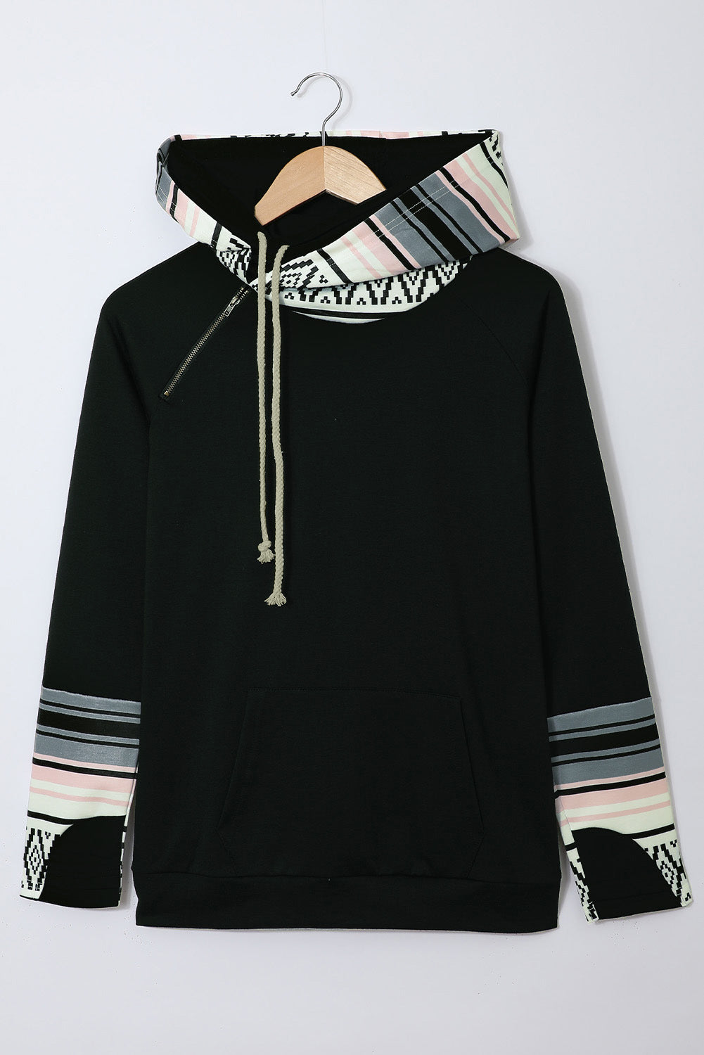 Black Raglan Sleeve Pullover Hoodie With Kangaroo Pocket