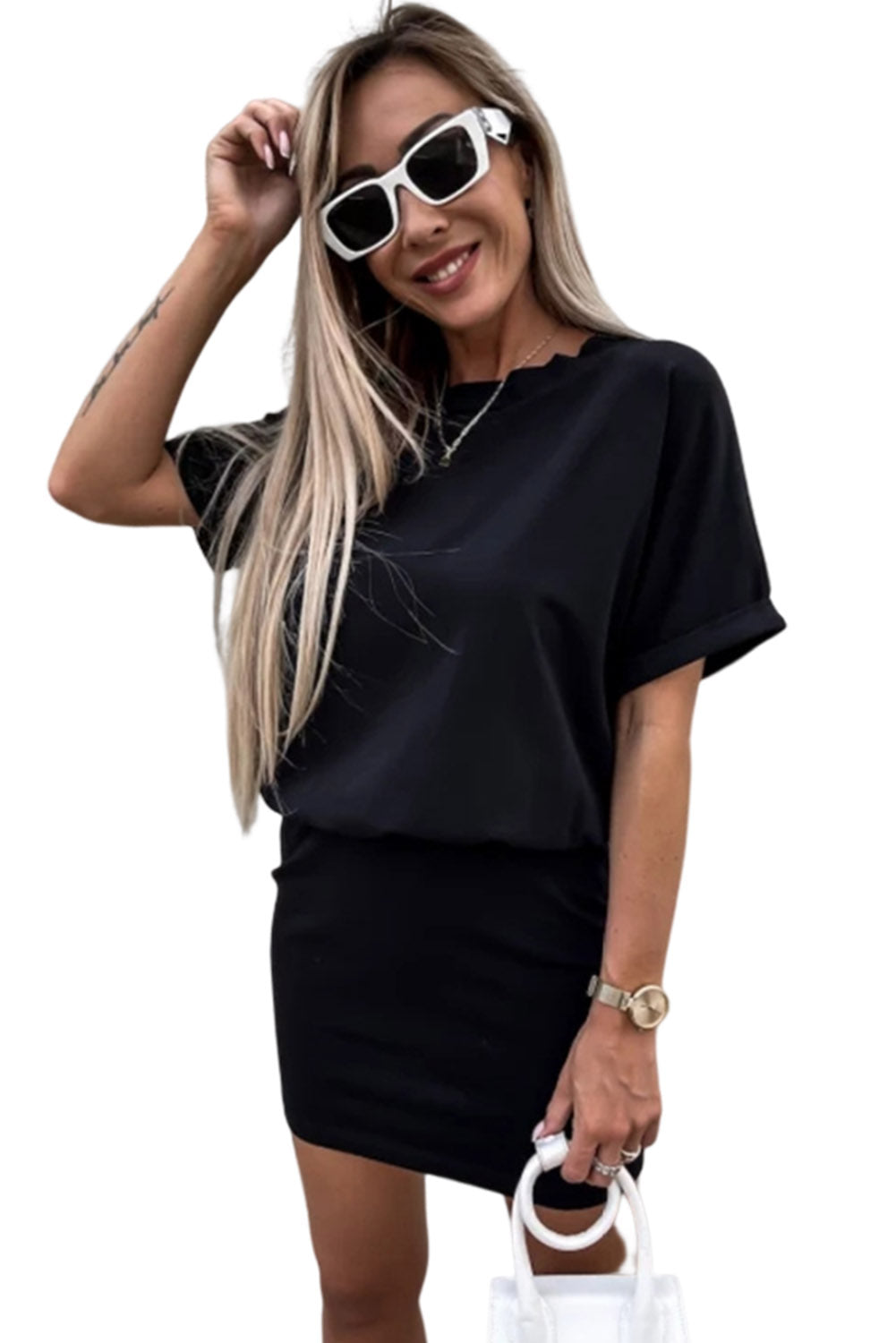 Black Basic Waist-cinching Short T Shirt Dress