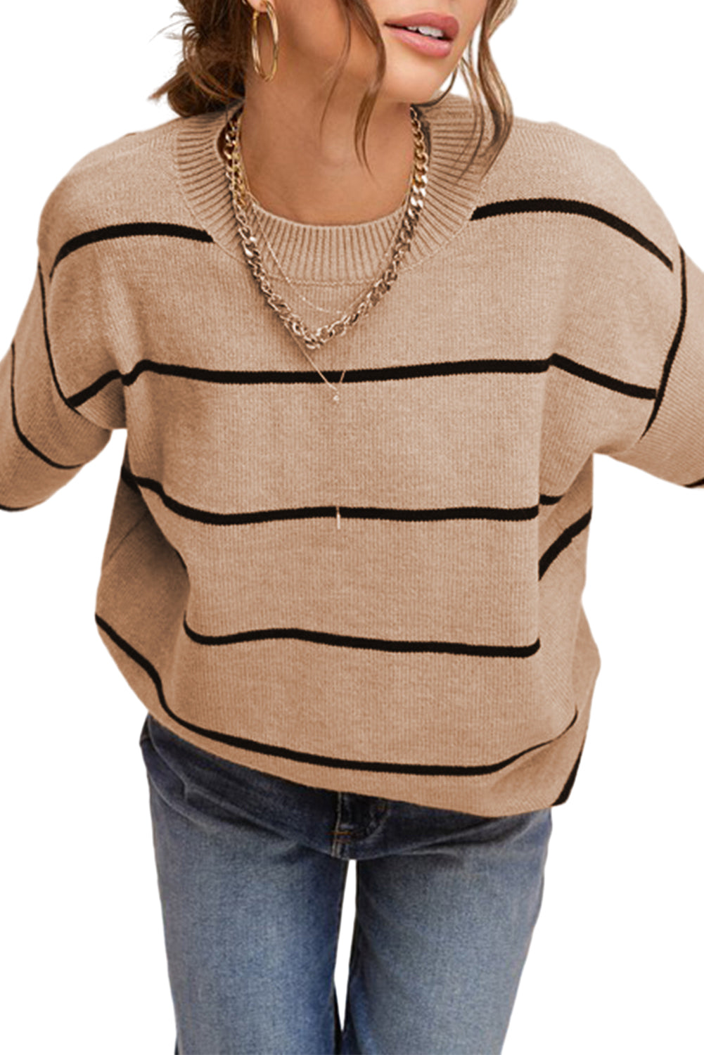 Brown Striped Ribbed Trim Contrast Knit Sweater