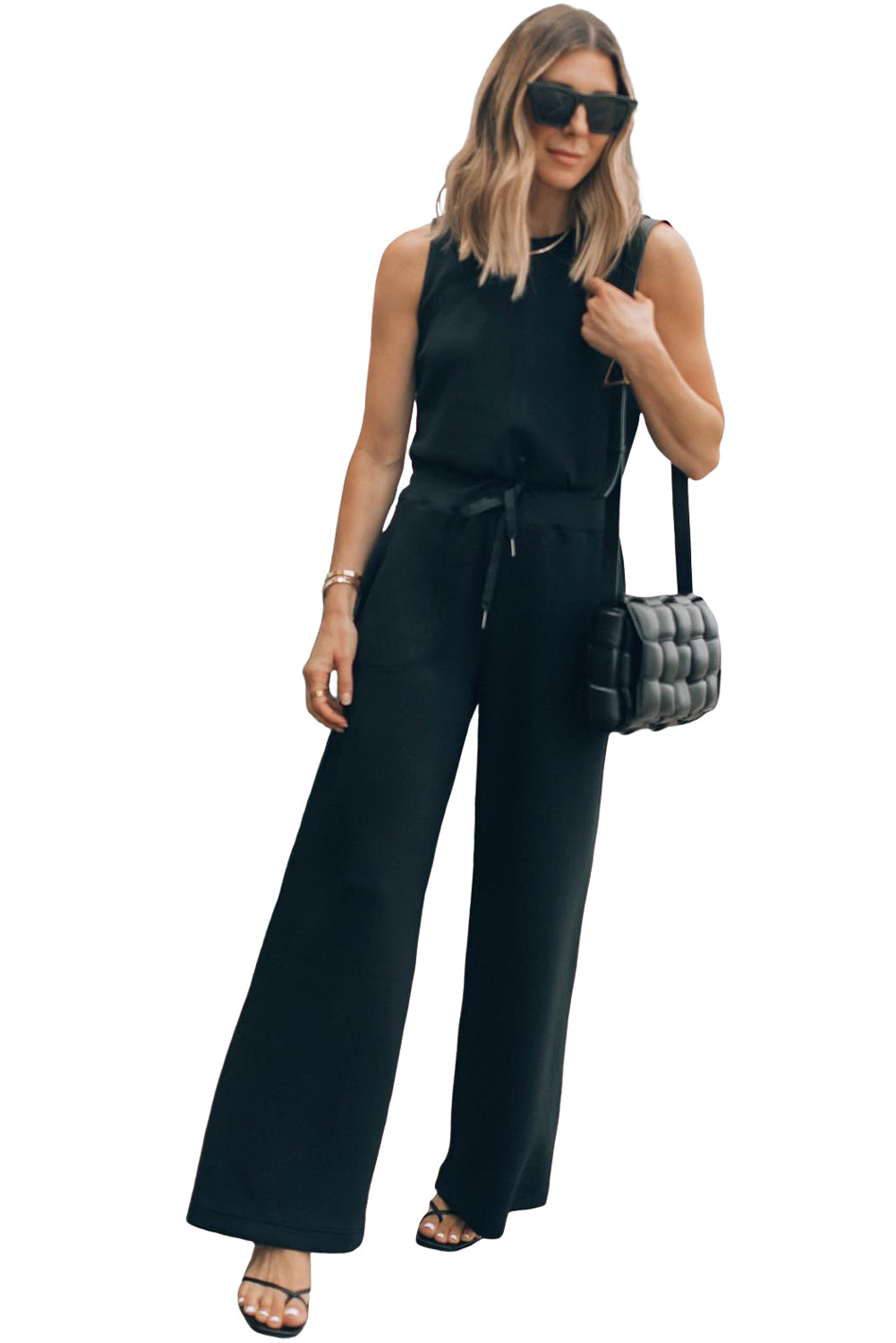 Black Solid Sleeveless Wide Leg Tank Jumpsuit