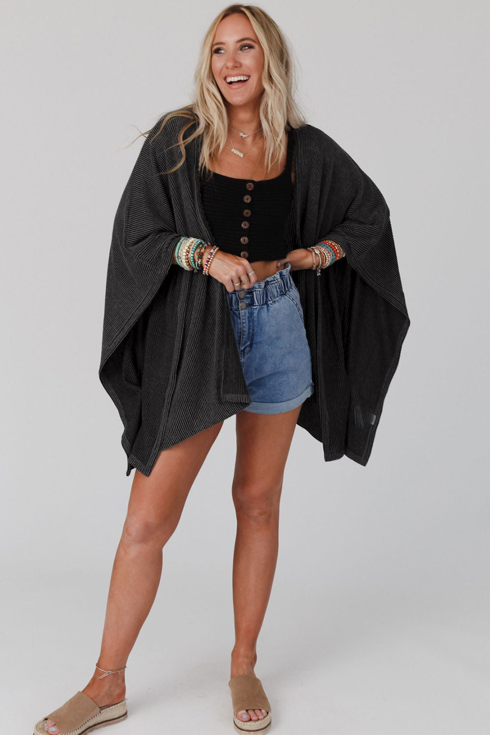 Apricot Textured Lace Trim Open Front Kimono Cardigan