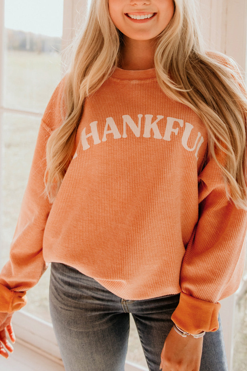 Apricot Drop Shoulder Ribbed Oversized Sweatshirt