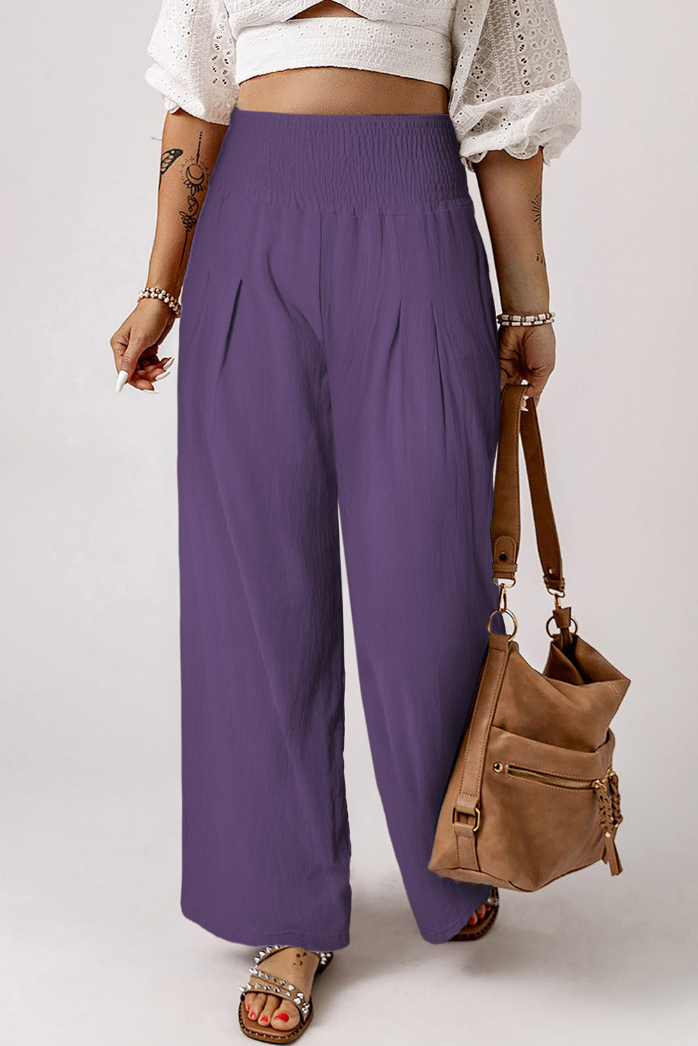 Gray Smocked Wide Waistband High Waist Wide Leg Pants