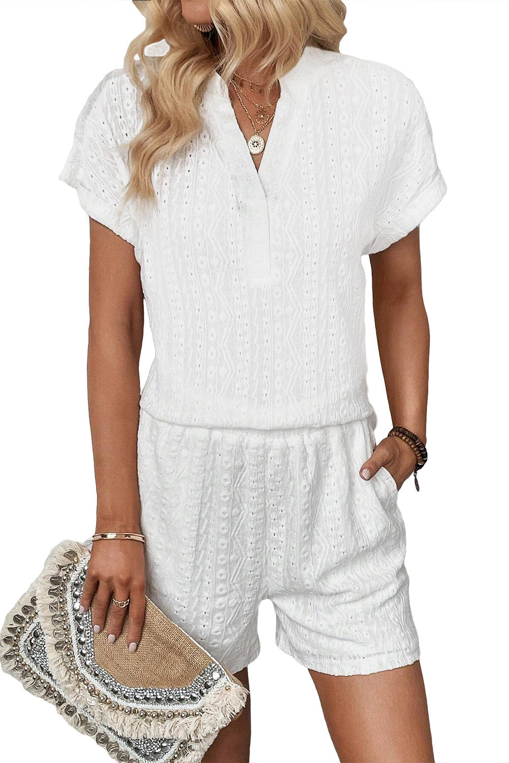 White Eyelets V-neck Blouse and Pockets Shorts Set