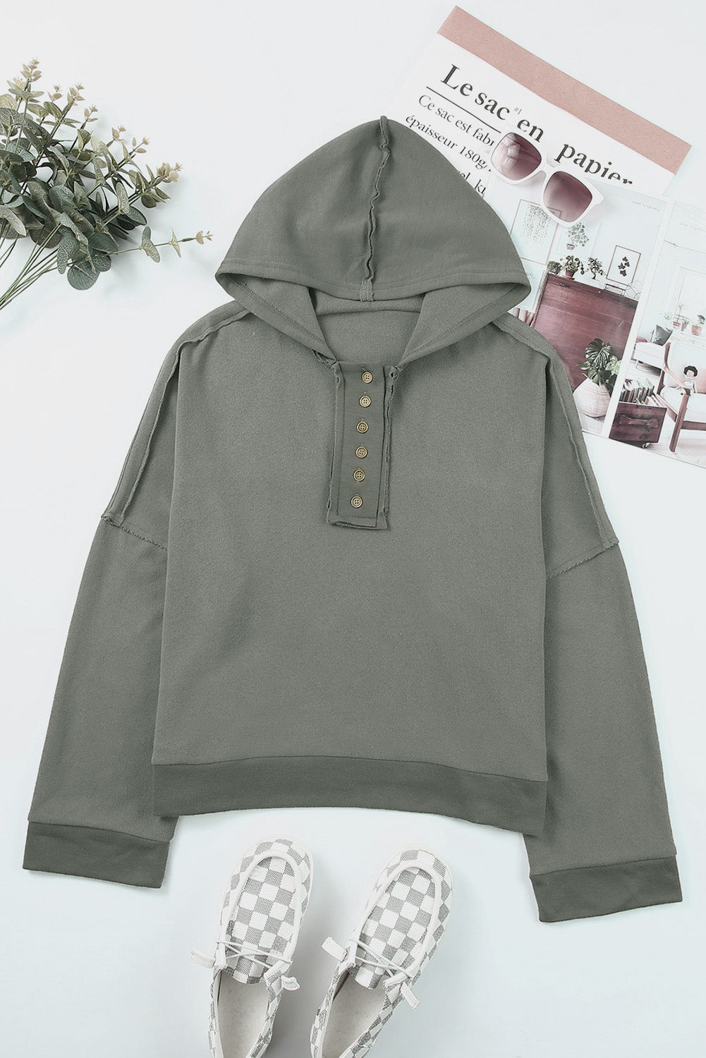 Grey Solid Casual Button Patchwork Trim Hoodie