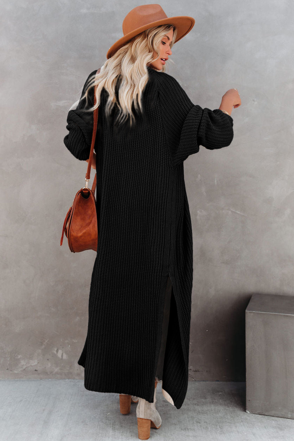 Black Cable Knit Side Slits Open Front Duster Cardigan