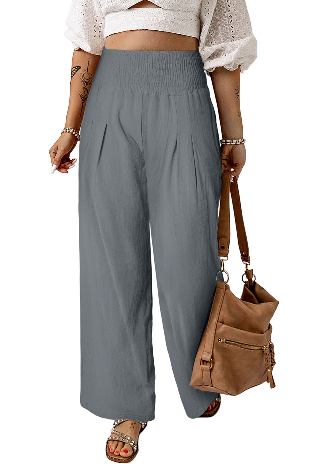 Gray Smocked Wide Waistband High Waist Wide Leg Pants