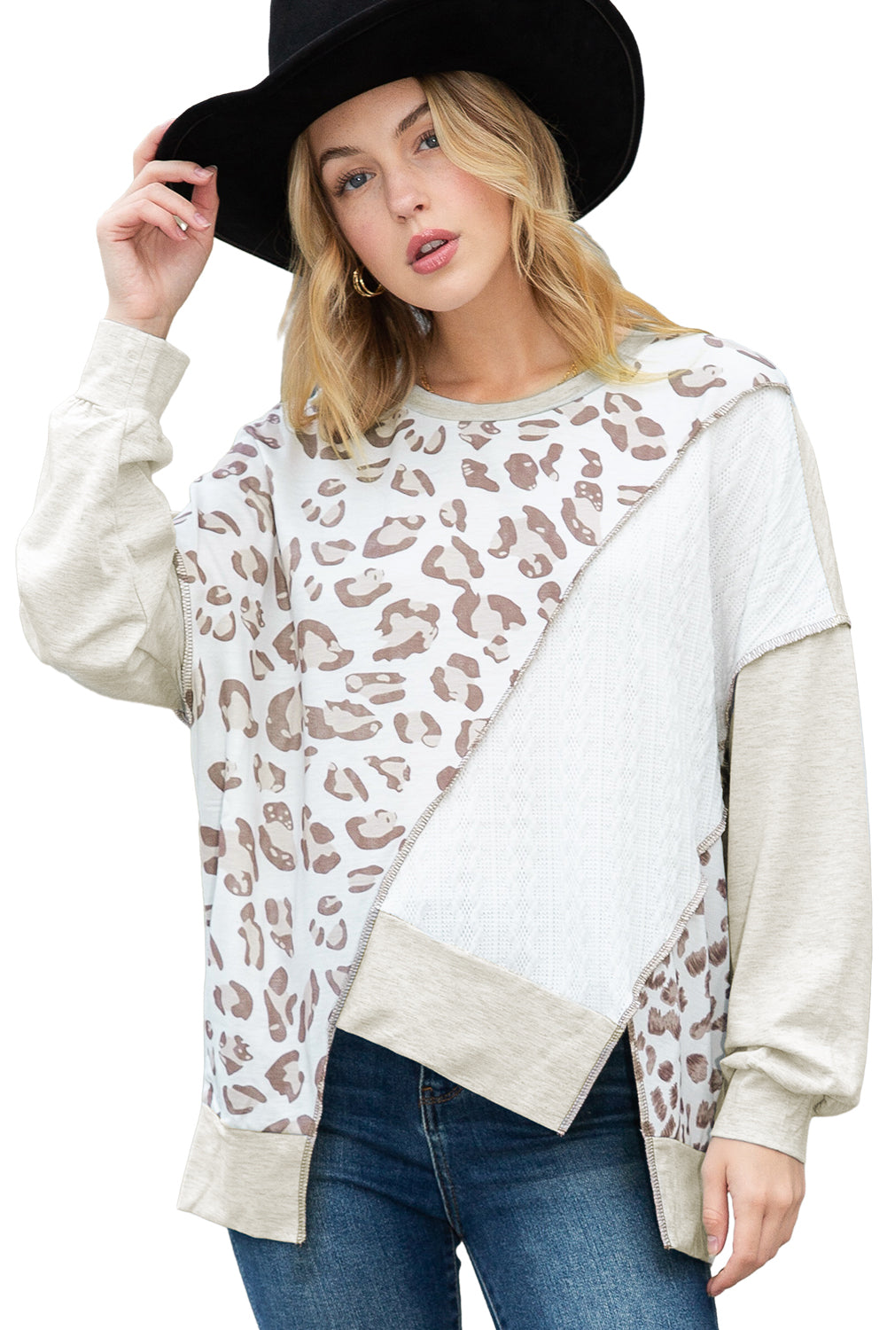 Leopard Print Color Block Asymmetrical Sweatshirt for Women