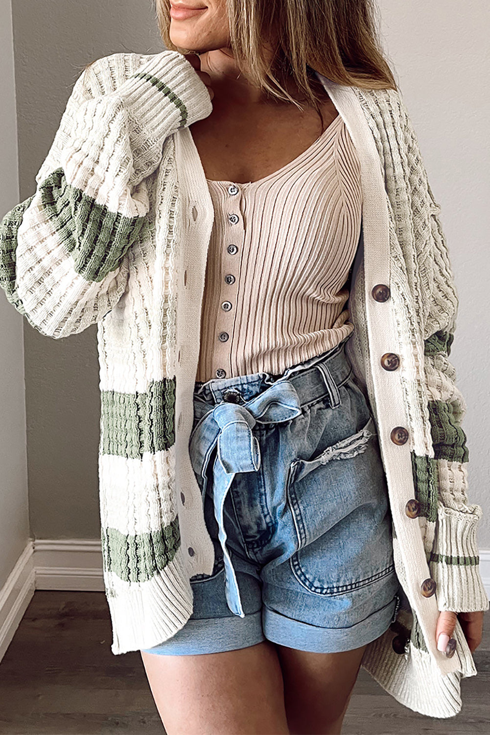 Black Striped Textured Knit Buttoned Cardigan