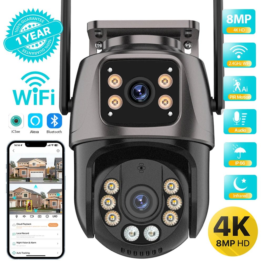 4K 8MP HD Wifi PTZ Camera Outdoor 4MP Dual Lens Dual Screen AI Auto Tracking IP Camera CCTV Audio Video Surveillance P2P iCSee - 888kiko