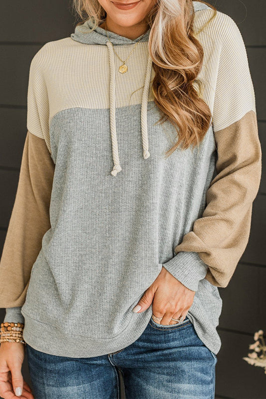 Gray Vintage Ribbed Knit Color Block Hoodie