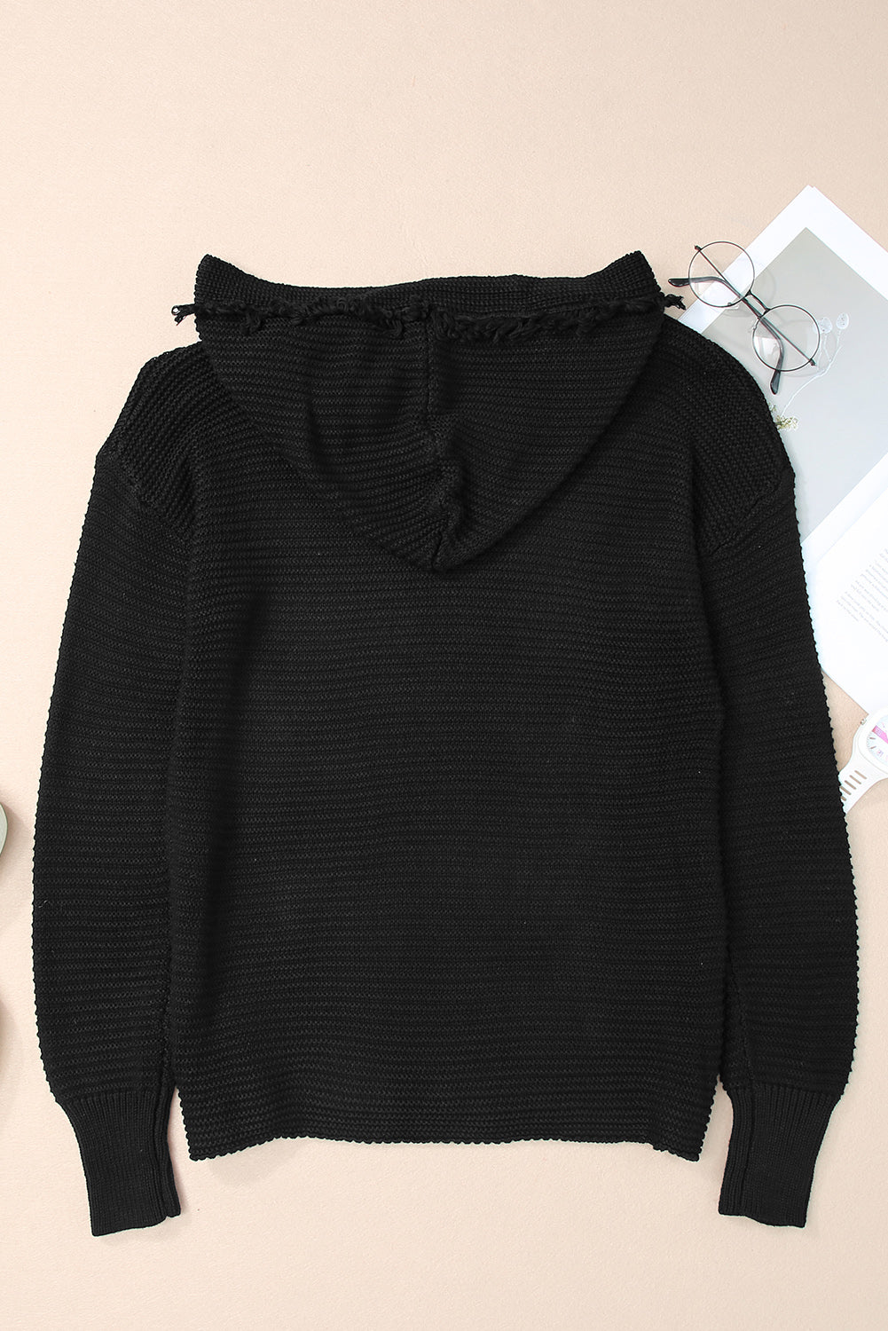 Black Split V Neck Pullover Knit Sweater Hoodie