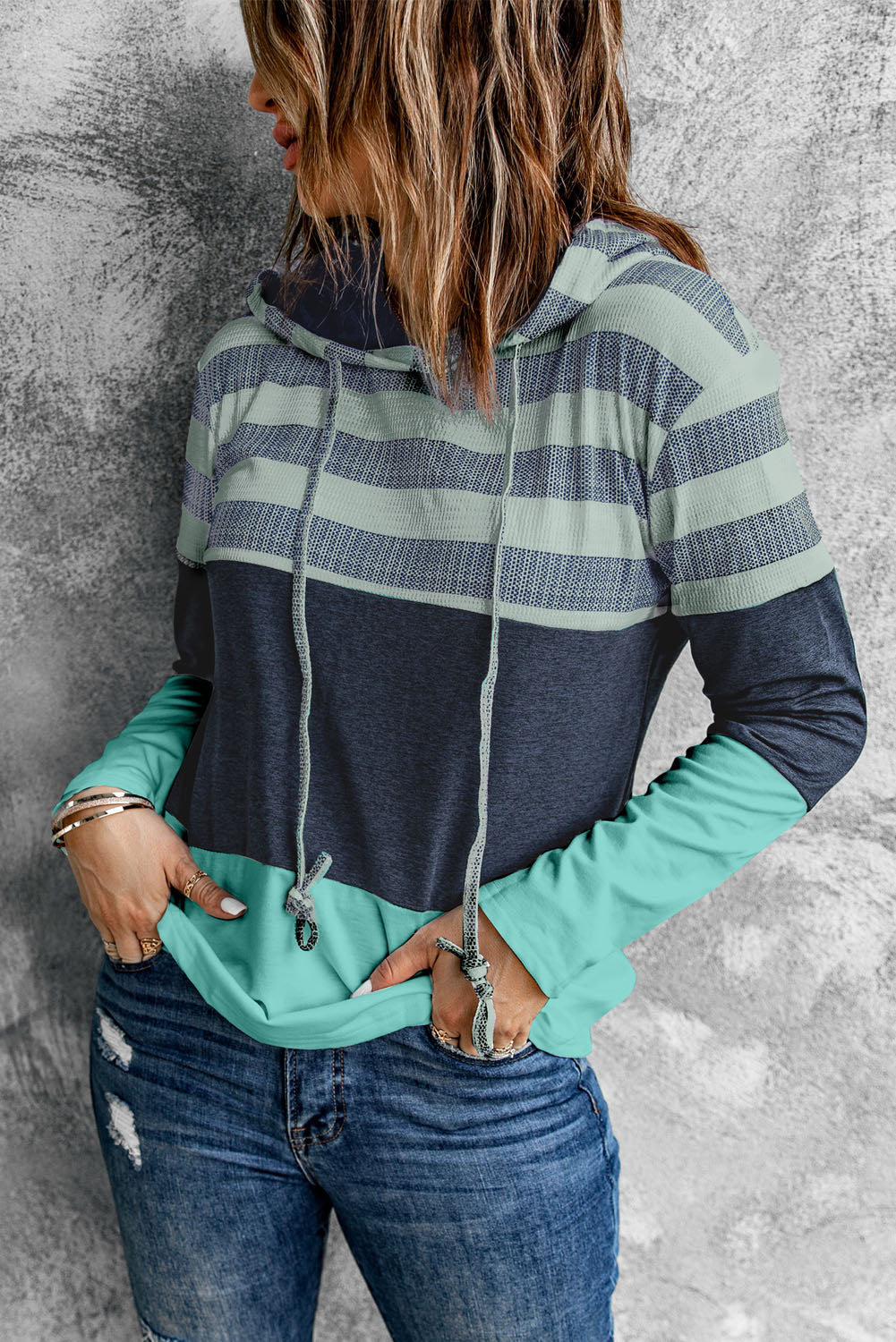 Navy Blue and White Stripes Pullover Hoodie for Women