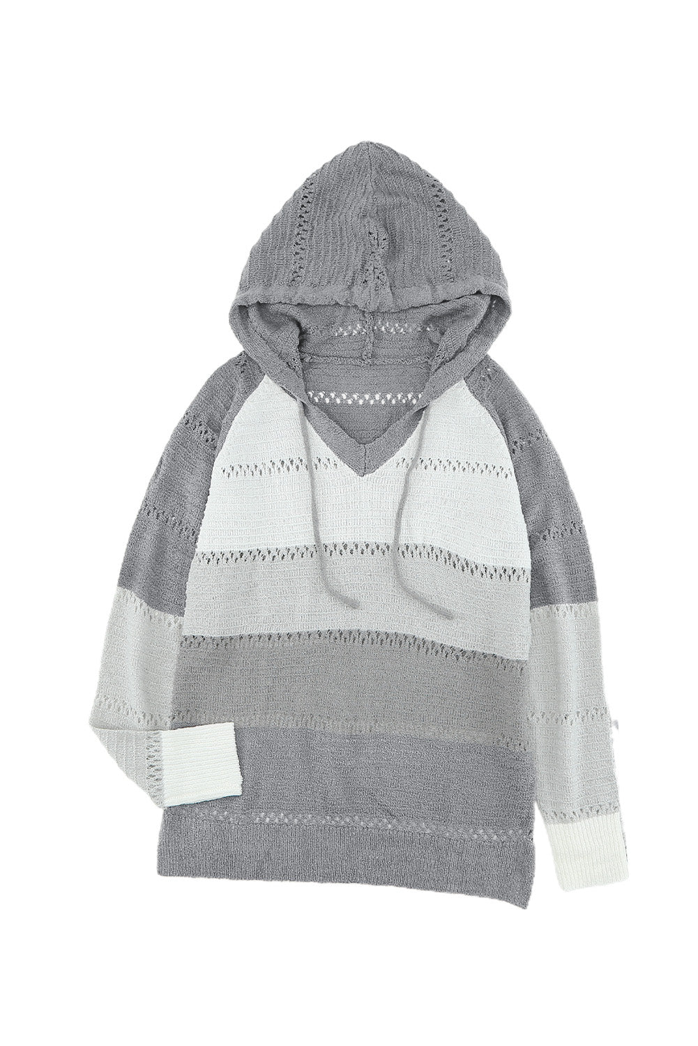 Grey Colorblock Casual Cutout Knit Hoodie Sweater