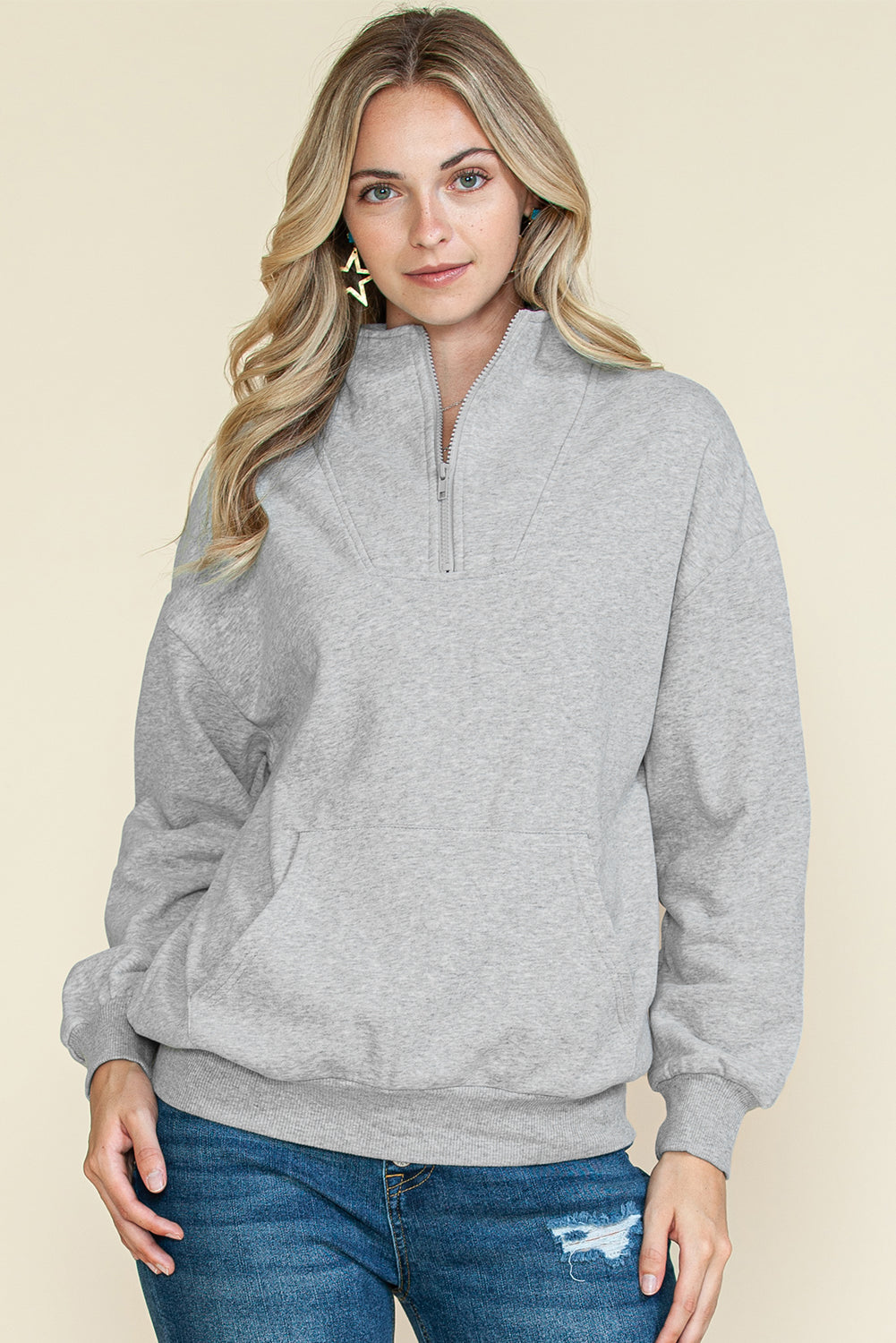 Gray Zipped Funnel Neck Kangaroo Pocket Sweatshirt