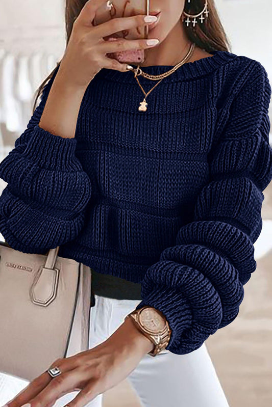 Navy Blue Plain Chunky Knit Long Puff Sleeve Sweater