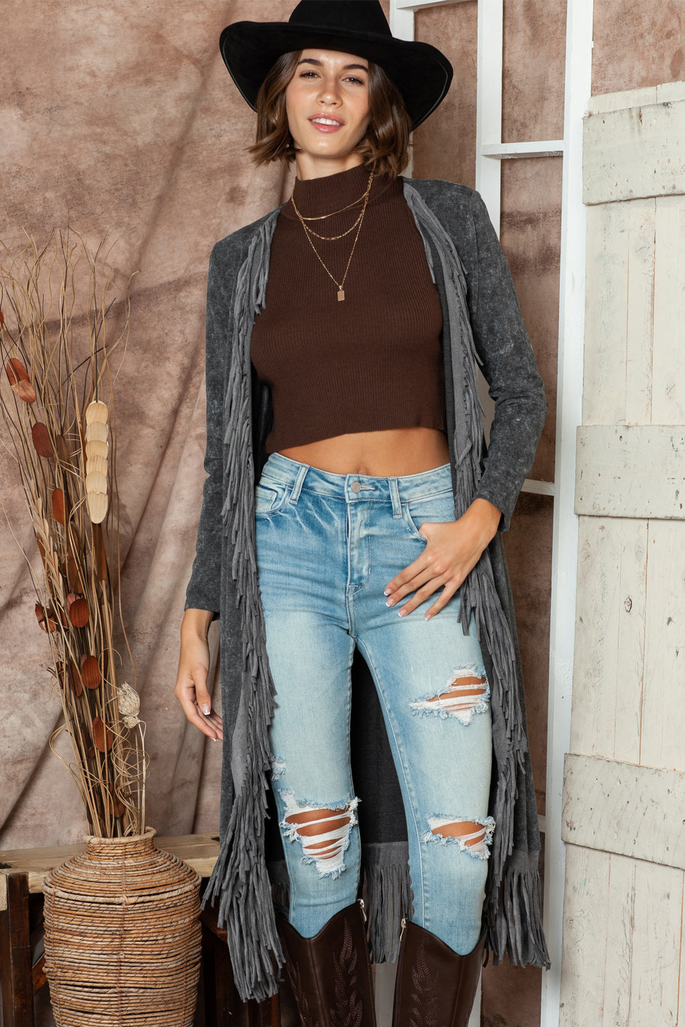 Black Mineral Washed Tassel Open Front Long Cardigan