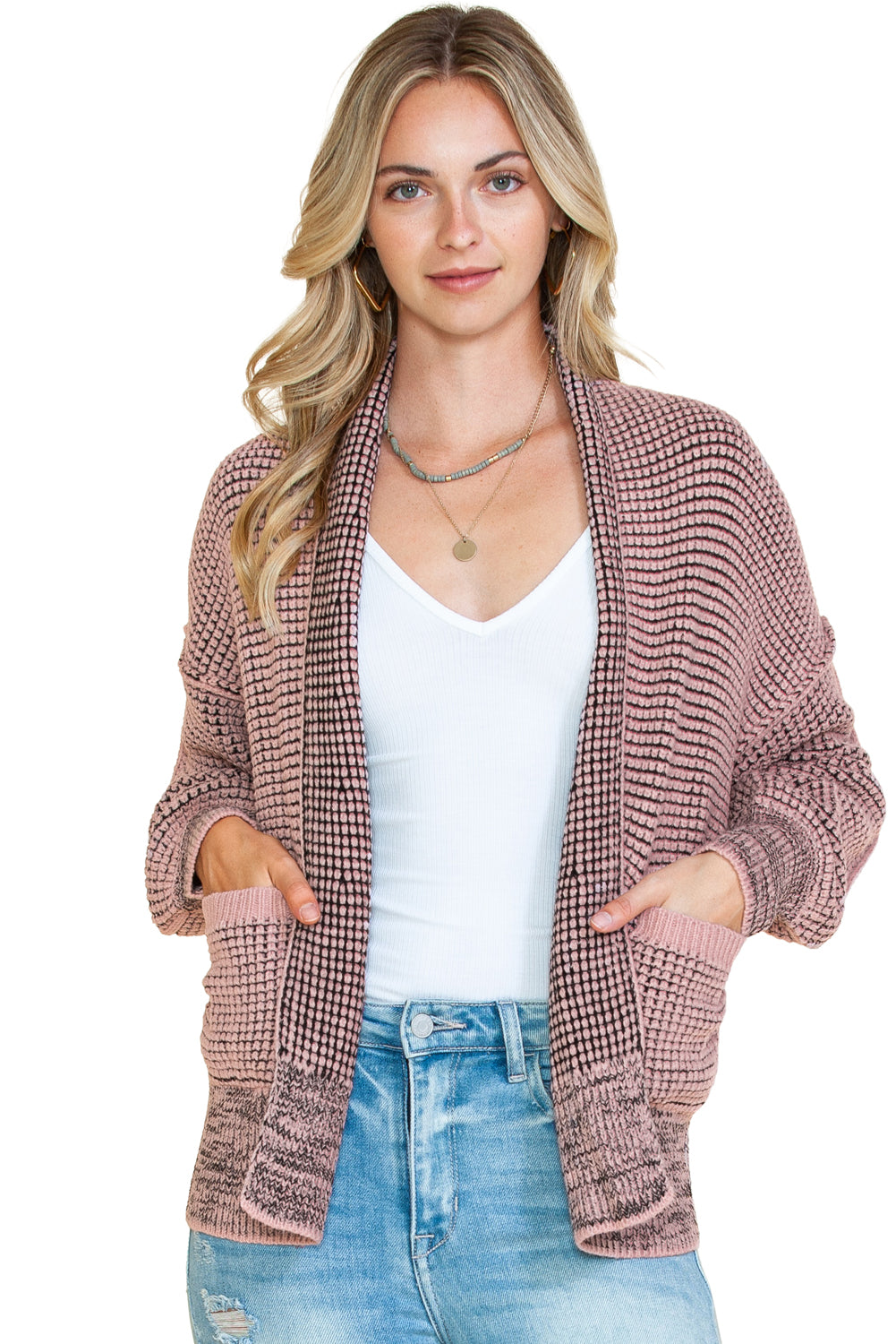 Black Chunky Knit Pockets Drop Sleeve Cardigan