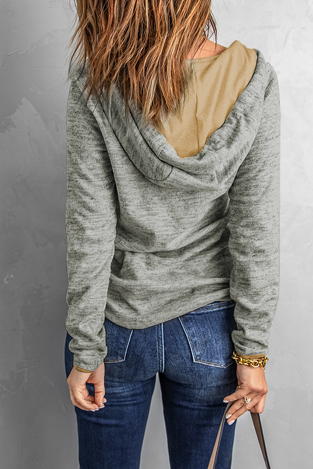 Heathered Print Button Snap Neck Pullover Hoodie