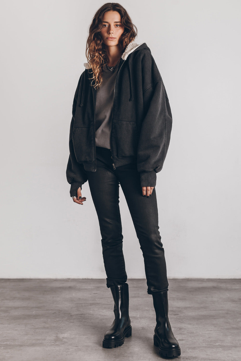 Black Sherpa Hooded Athleisure Zip Up Sweatshirt