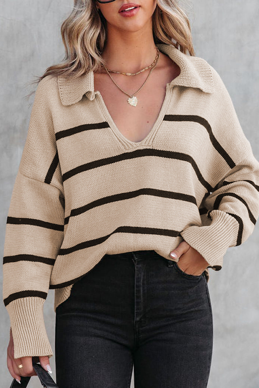 Khaki Striped Knit Collared Pullover Sweater