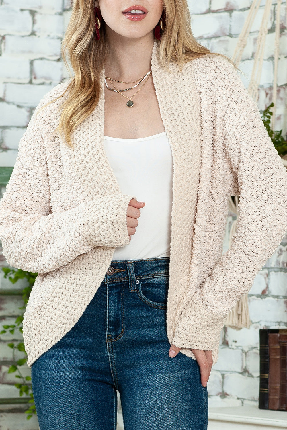 Gray Popcorn Knit Open Front Cardigan