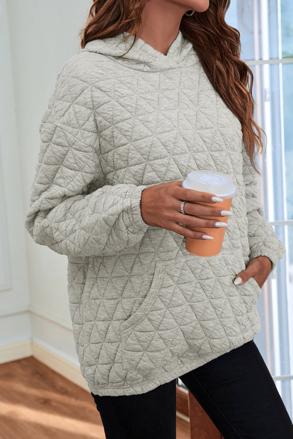 Light Grey Thermal Quilted Kangaroo Pocket Hoodie