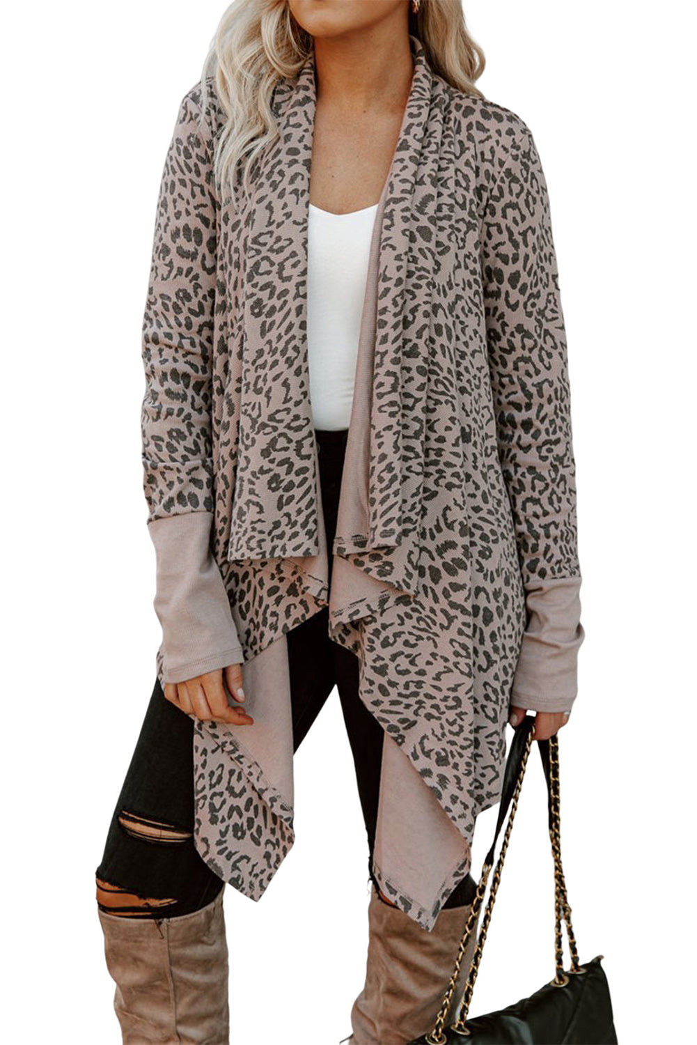 Cheetah Print Cowl Neck Open Front Long Cardigan