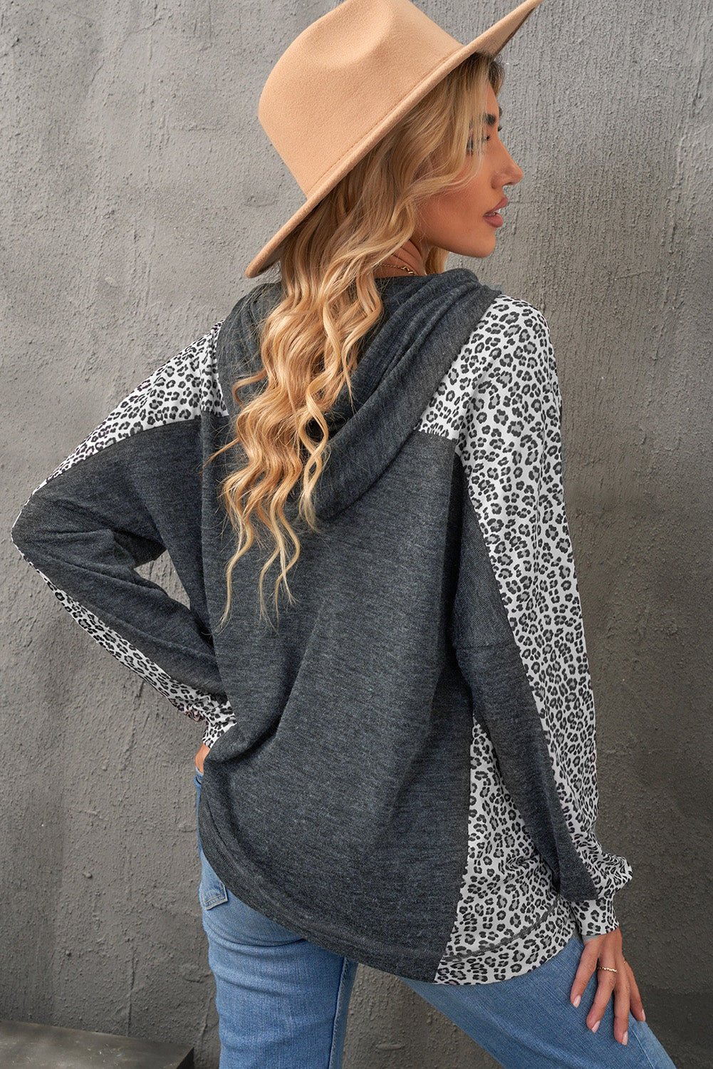 Gray Cheetah Print Drawstring Pullover Hoodie for Women