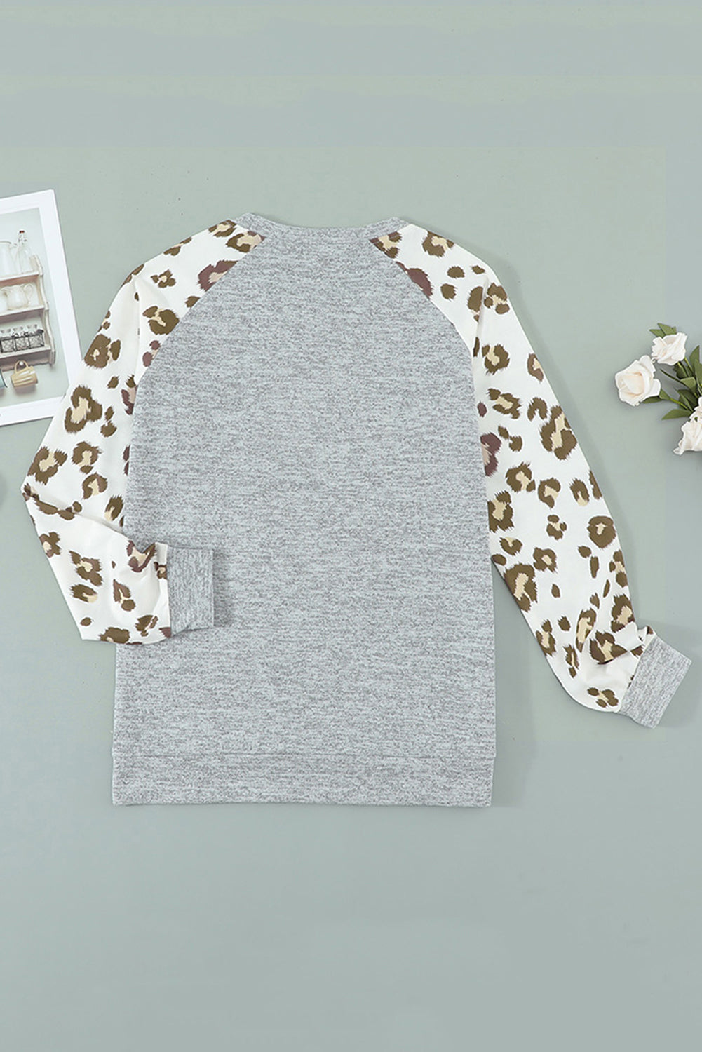 Grey Raglan Sleeve Cheetah Print Sleeve Long Sleeve Shirt