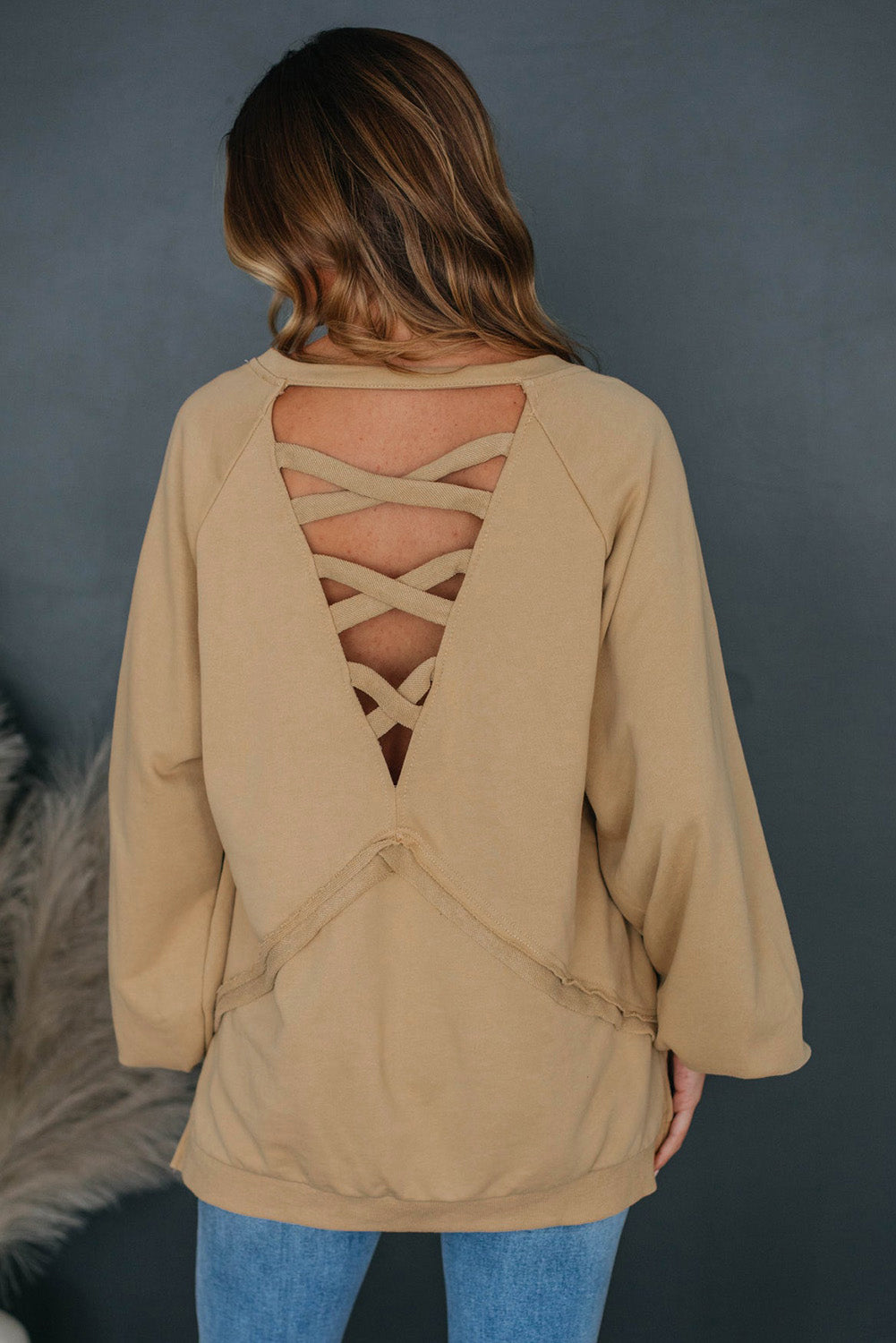 Flaxen Patchwork Crisscross Back Oversized Sweatshirt