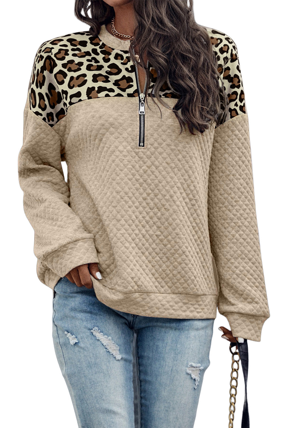 Apricot Leopard Quilted Drop Shoulder Half Zipped Sweatshirt