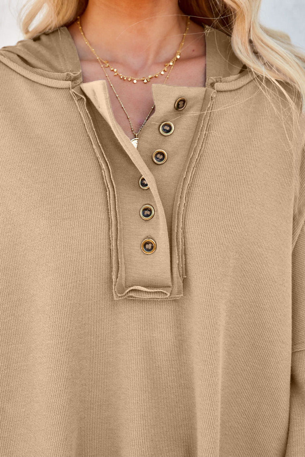 Grey Solid Casual Button Patchwork Trim Hoodie