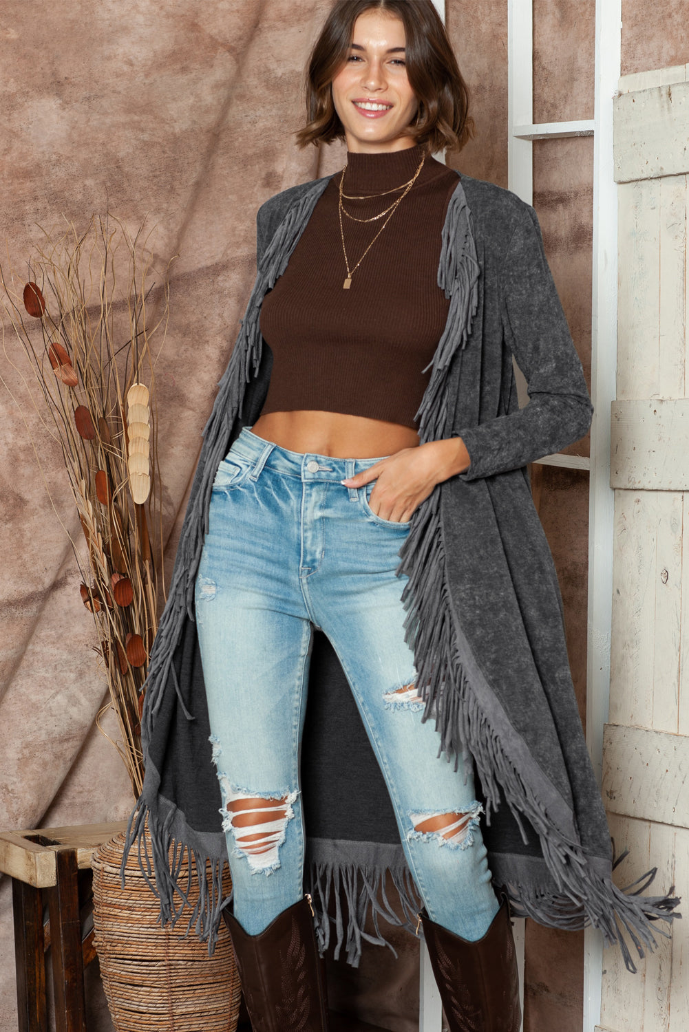 Black Mineral Washed Tassel Open Front Long Cardigan