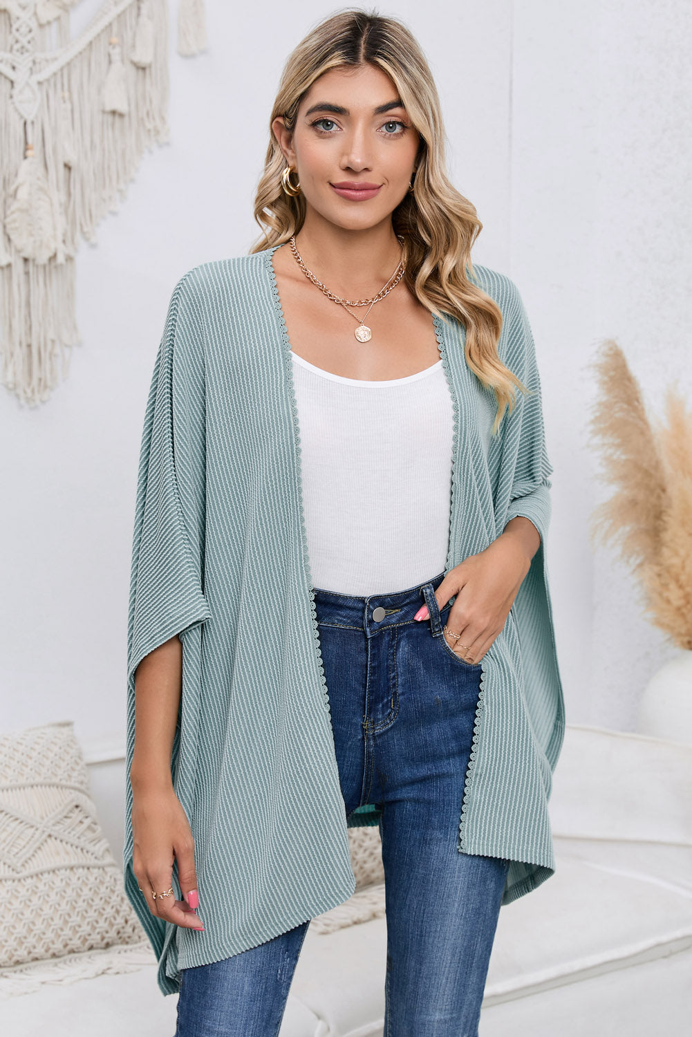 Apricot Textured Lace Trim Open Front Kimono Cardigan