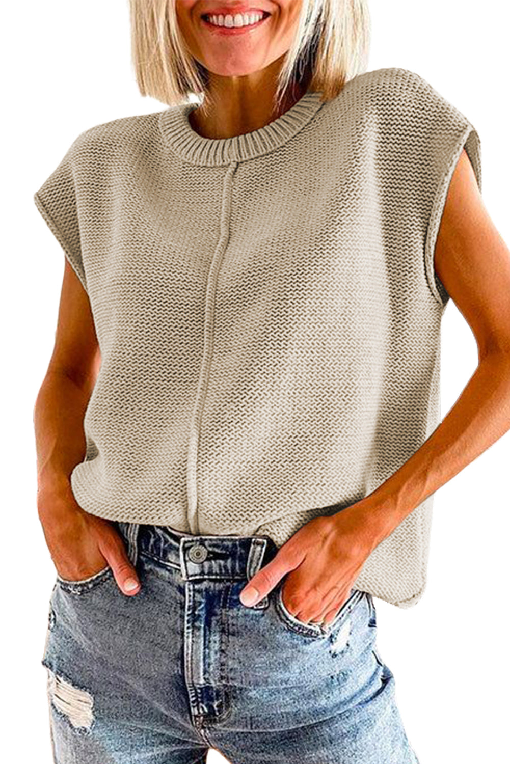 Oatmeal Solid Cap Sleeve Center Seam Knitted T-Shirt