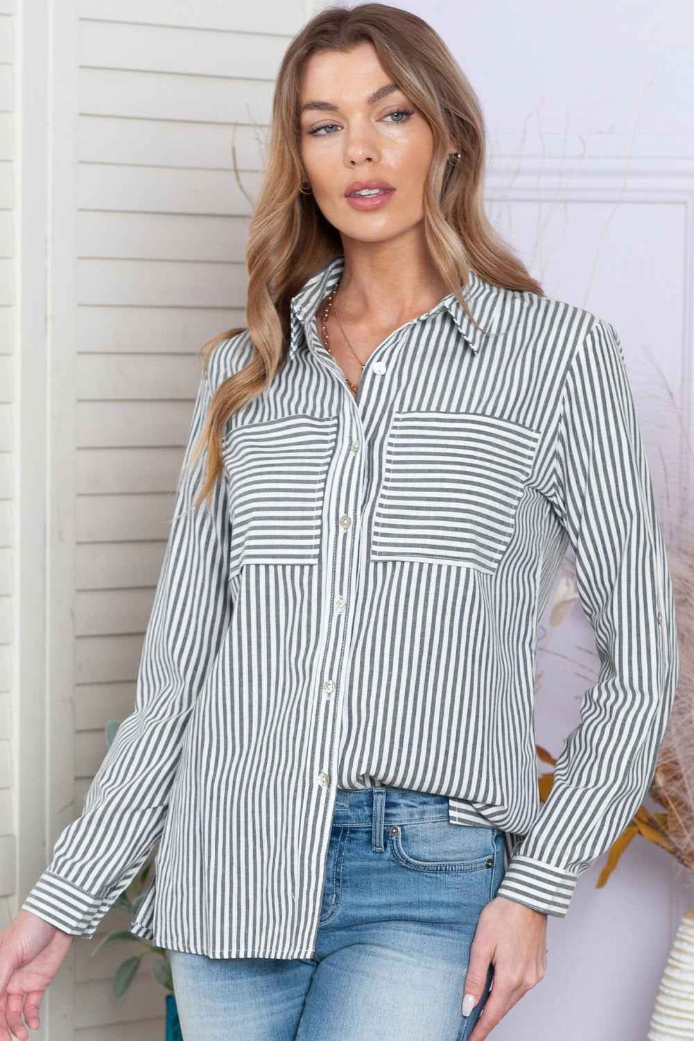 Blue Striped Chic Pockets Roll Up Sleeve Buttons Front Shirt