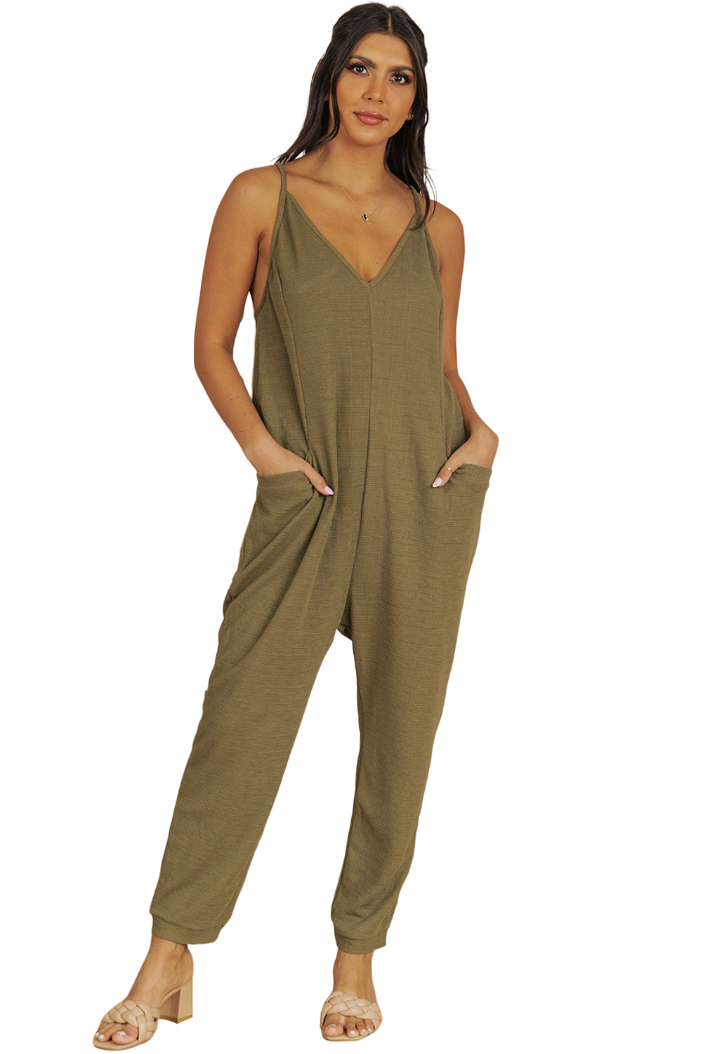 Black Textured Sleeveless V-Neck Pocketed Casual Jumpsuit