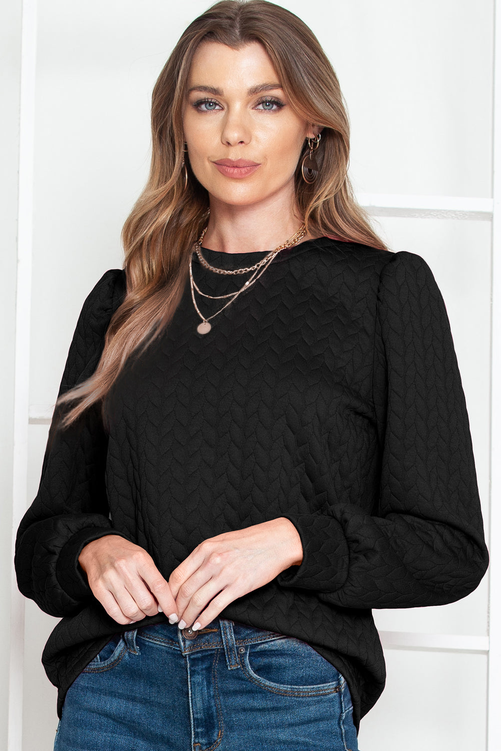 Black Waffle Quilted Puff Sleeve Sweatshirt