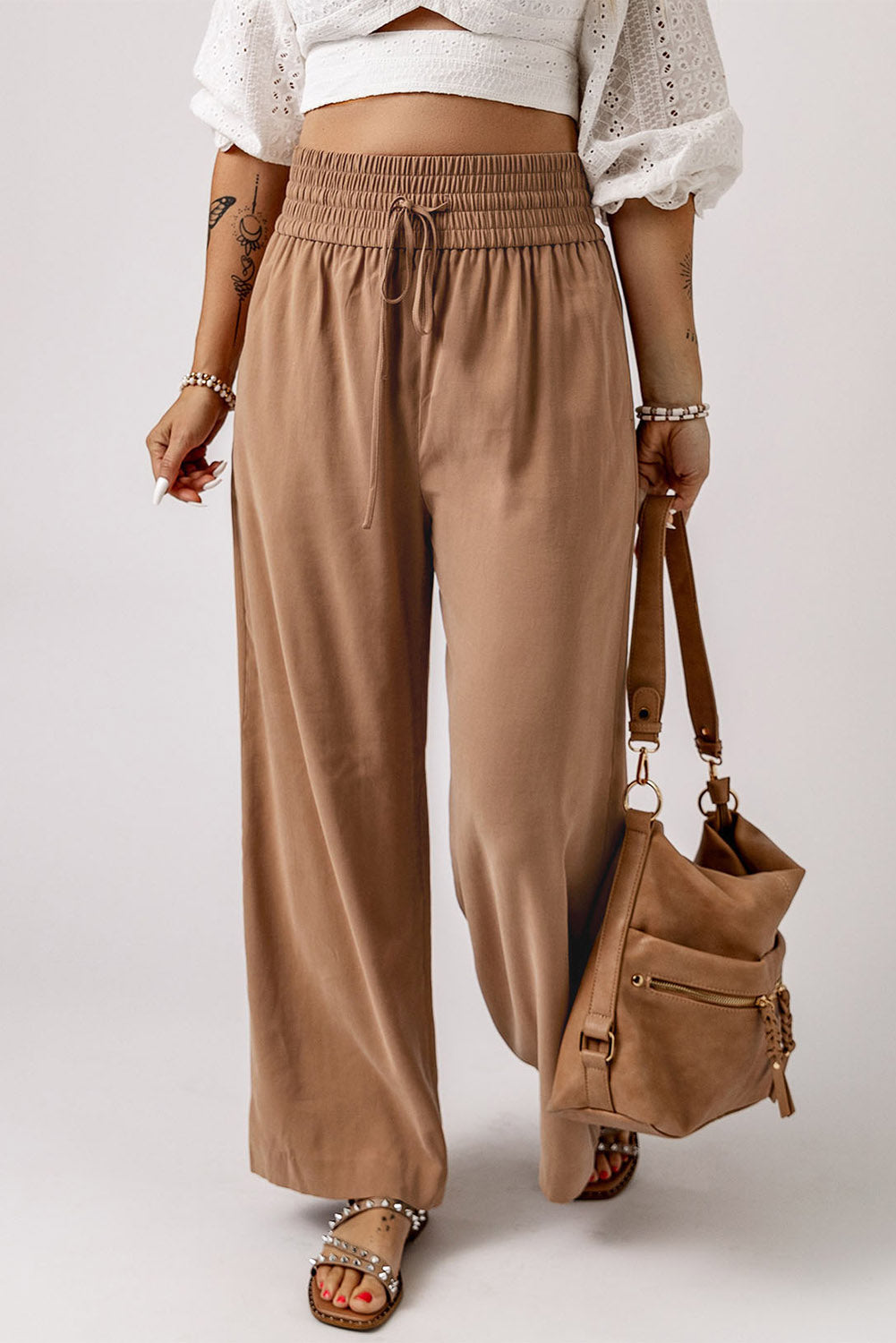 Black Plain Drawstring Shirred Elastic Waist Wide Leg Pants