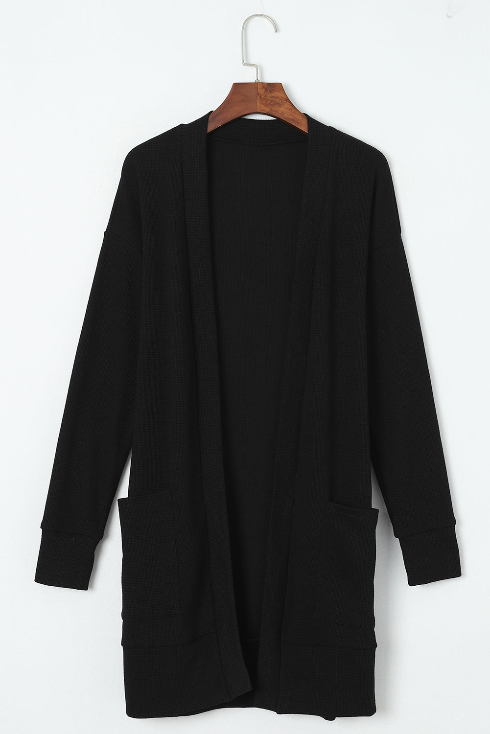 Black Ribbed Knit Pocketed Open Front Long Cardigan