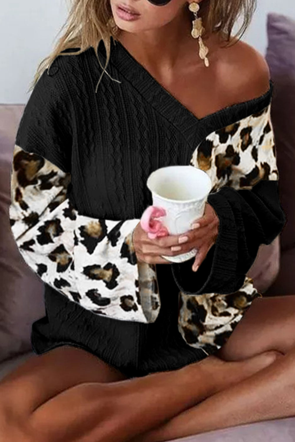 Black V Neck Leopard Colorblock Patchwork Long Sleeve Top