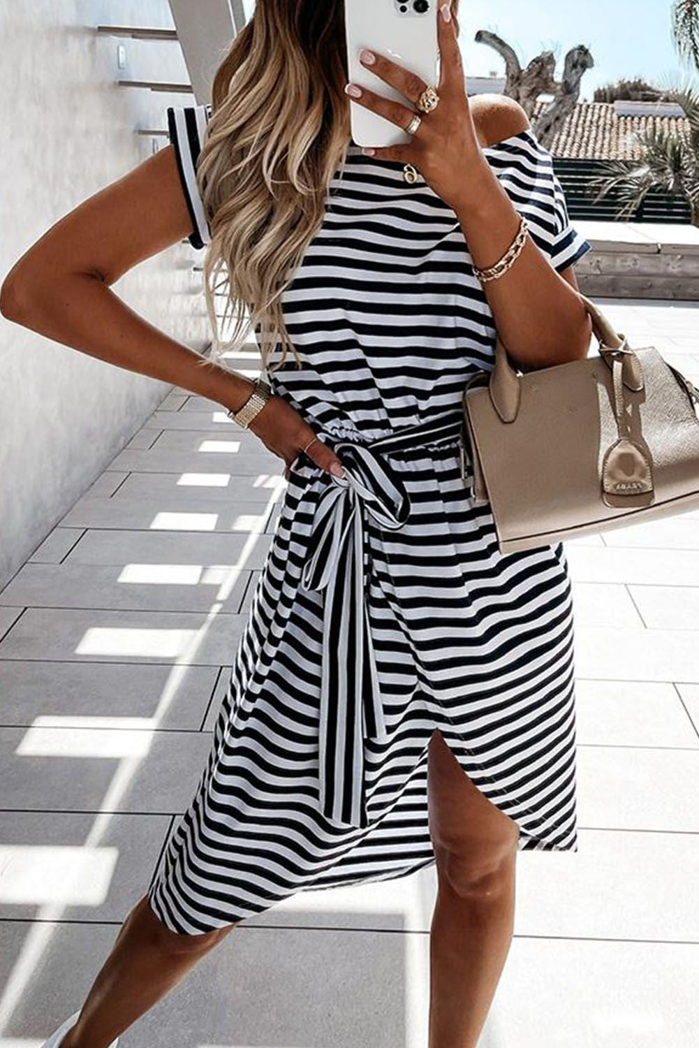 Khaki Stripe Belted Wrapped Hemline T-Shirt Dress