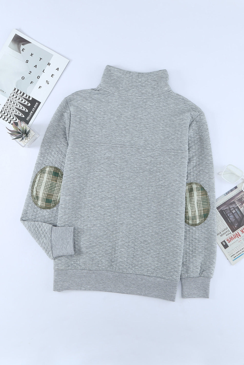 Grey Plaid Splicing Elbow Patchwork Quilted Sweatshirt