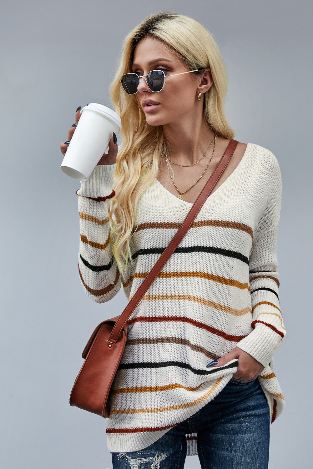 Multicolor Color Block Striped Drop Sleeve Knit Sweater