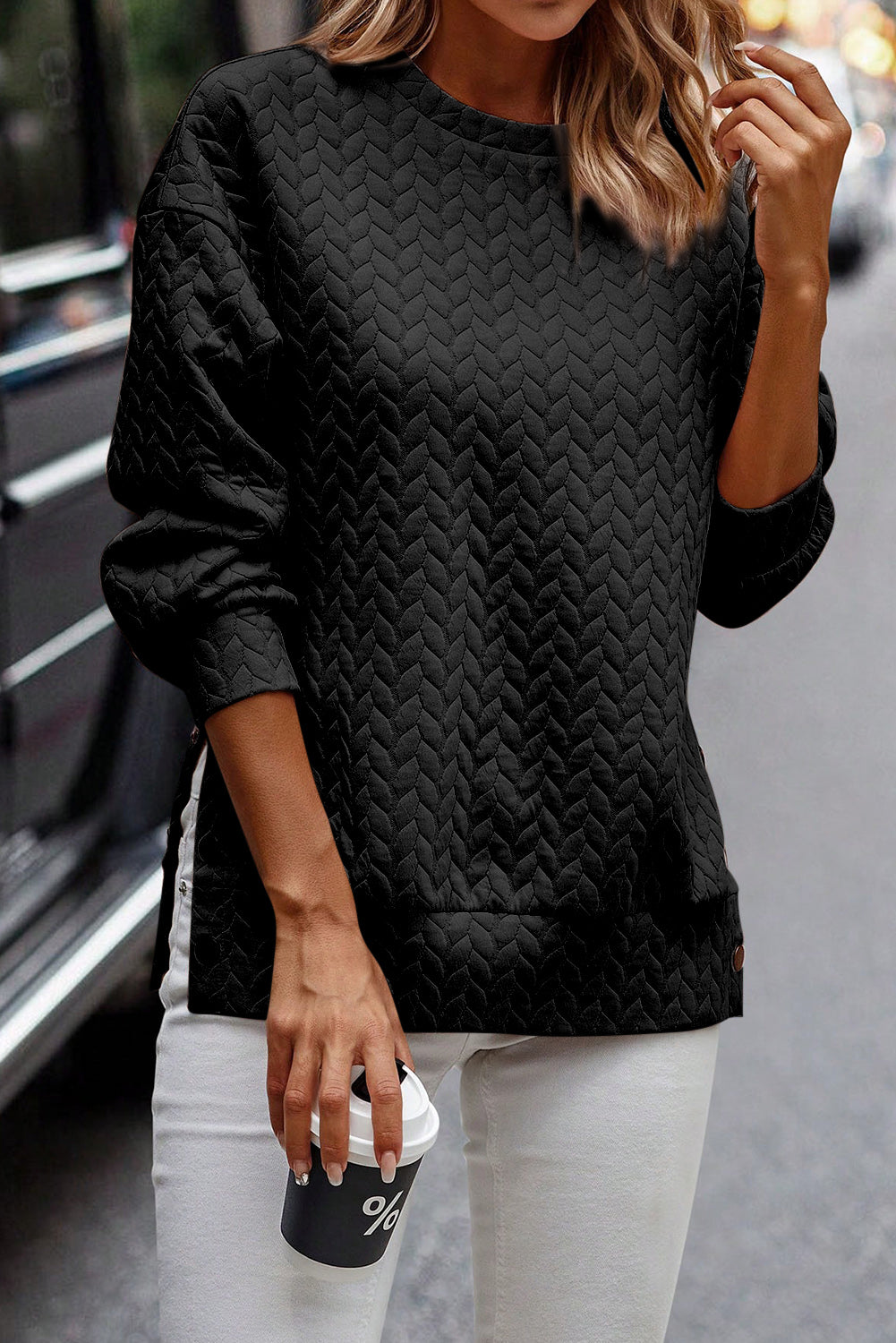 Black Quilted Snap Button Detail Drop Shoulder Sweatshirt