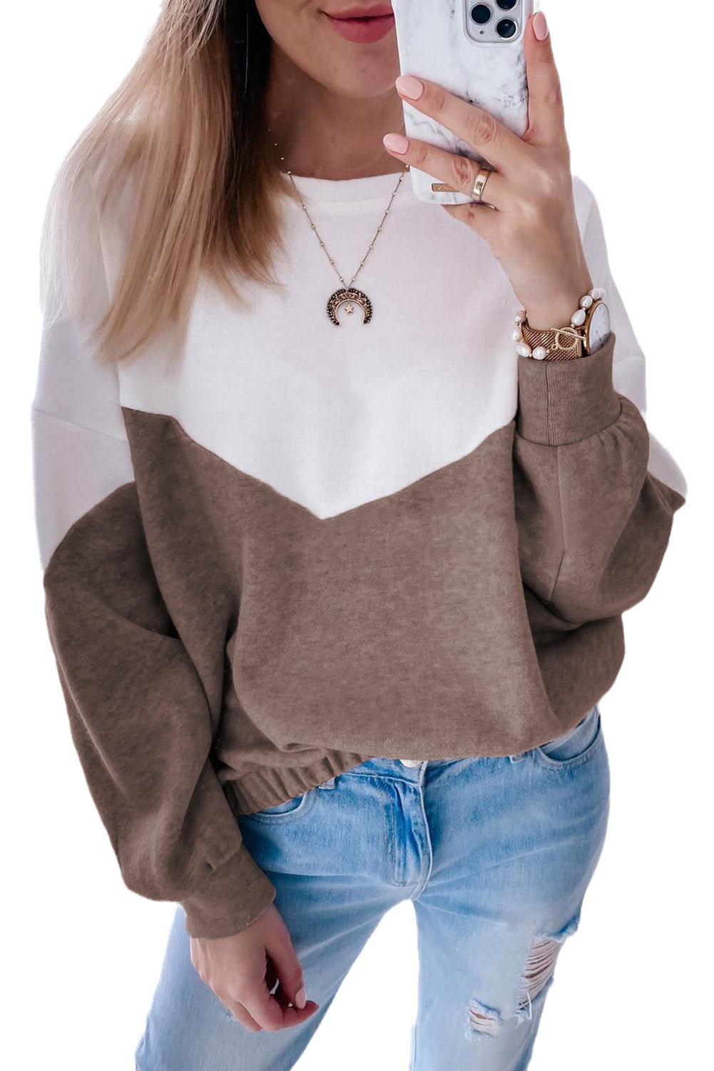 Khaki Colorblock Back Keyhole Elastic Hem Sweatshirt