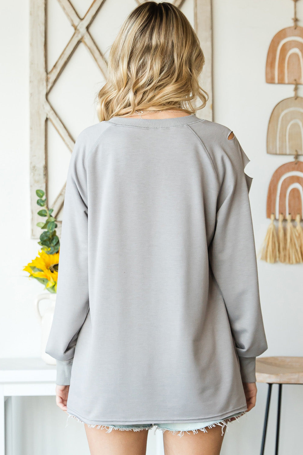 Grey Raglan Sleeve Distressed Sweatshirt