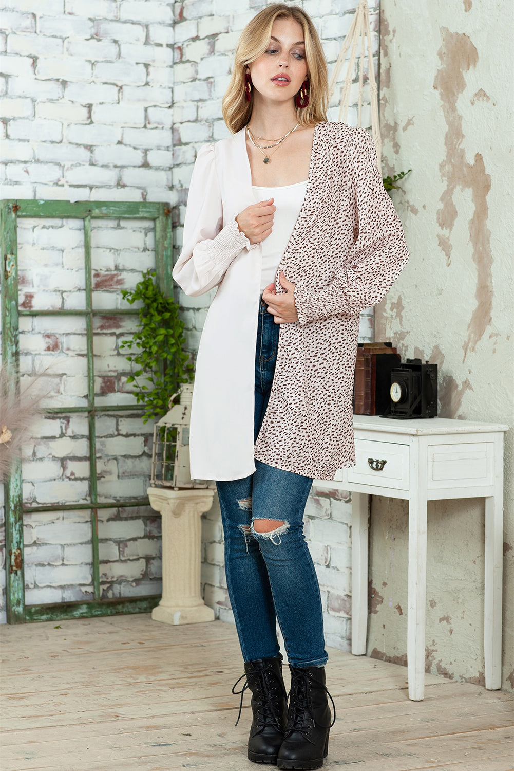 Khaki and Animal Print Color Block Bishop Sleeve Lightweight Cardigan